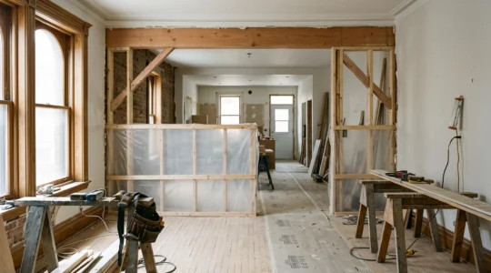 Salon d'un plex montréalais en travaux avec une cloison partiellement ouverte, une poutre apparente en bois et une protection translucide contre la poussière, la lumière naturelle traversant la nouvelle ouverture.