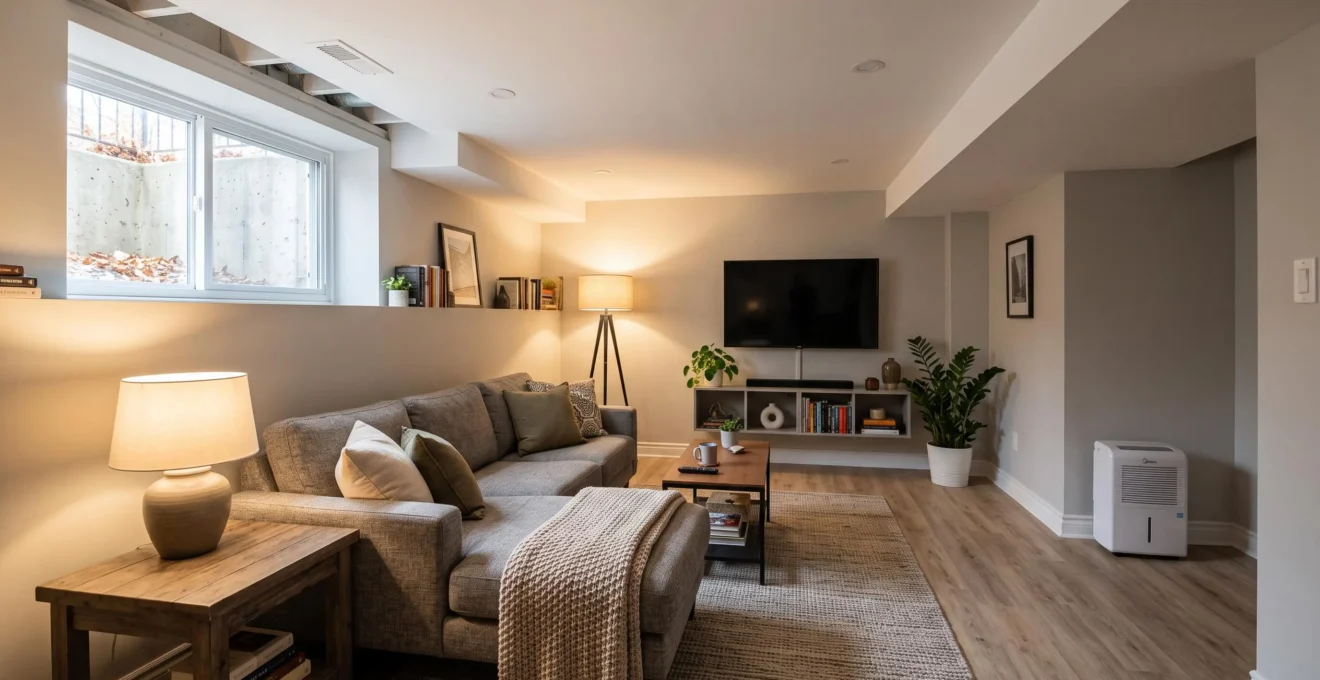 Salle familiale aménagée au sous-sol d'une maison montréalaise, avec plafond bas, petite fenêtre et éclairage chaleureux multi-sources.