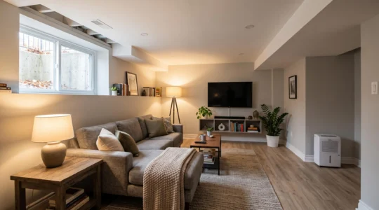 Salle familiale aménagée au sous-sol d'une maison montréalaise, avec plafond bas, petite fenêtre et éclairage chaleureux multi-sources.