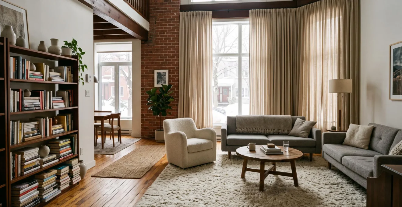 Salon en aire ouverte avec plancher de bois franc, grand tapis en laine, rideaux pleine hauteur et bibliothèque remplie dans un logement montréalais.