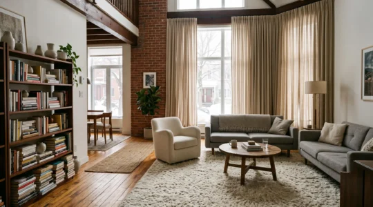 Salon en aire ouverte avec plancher de bois franc, grand tapis en laine, rideaux pleine hauteur et bibliothèque remplie dans un logement montréalais.