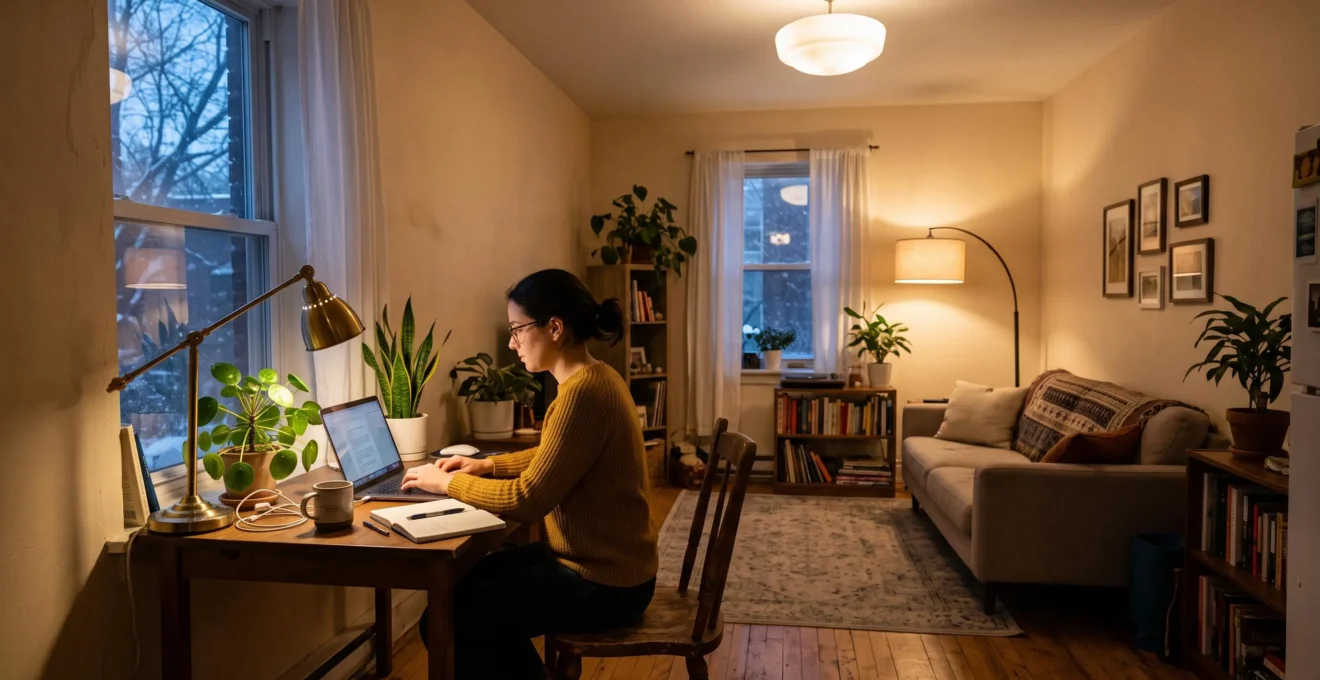 Une femme travaille le soir à un bureau installé dans son salon, éclairé par une lampe de bureau chaude et un plafonnier diffus.