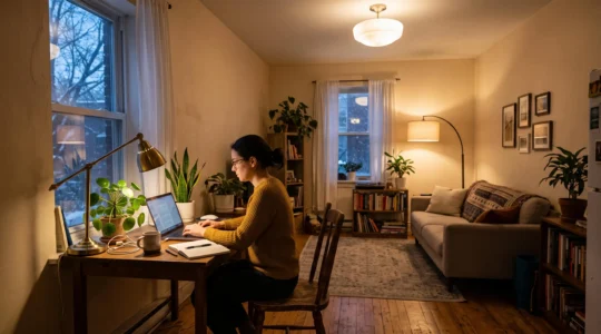 Une femme travaille le soir à un bureau installé dans son salon, éclairé par une lampe de bureau chaude et un plafonnier diffus.