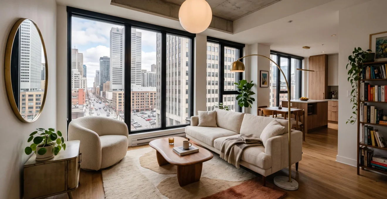 Salon d'un condo montréalais de 650 pi² où un tapis aux bords irréguliers, un lampadaire à arc et un fauteuil arrondi adoucissent l'architecture anguleuse sans réduire l'espace de circulation.