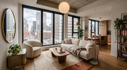 Salon d'un condo montréalais de 650 pi² où un tapis aux bords irréguliers, un lampadaire à arc et un fauteuil arrondi adoucissent l'architecture anguleuse sans réduire l'espace de circulation.