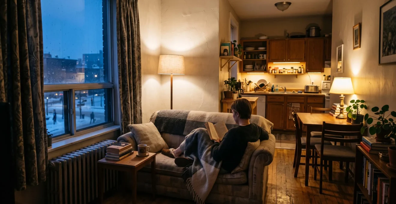 Salon d'un petit appartement montréalais en fin d'après-midi d'hiver, éclairé par plusieurs lampes d'appoint chaudes pendant que la nuit tombe dehors.