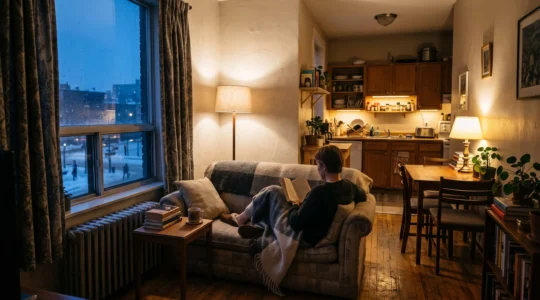 Salon d'un petit appartement montréalais en fin d'après-midi d'hiver, éclairé par plusieurs lampes d'appoint chaudes pendant que la nuit tombe dehors.