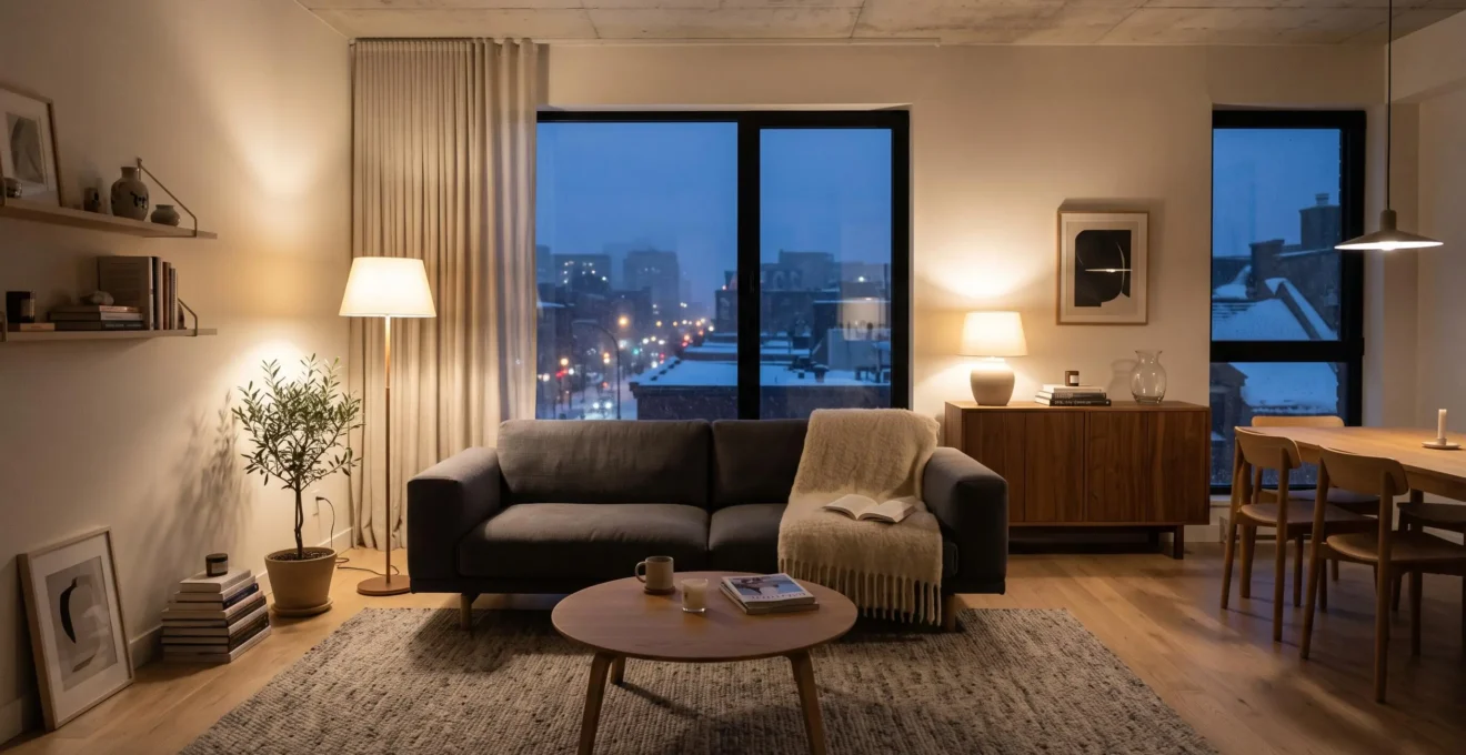 Salon scandinave épuré d'un condo montréalais en fin d'après-midi d'hiver, éclairé par plusieurs lampes chaudes créant des zones d'ombre et de lumière
