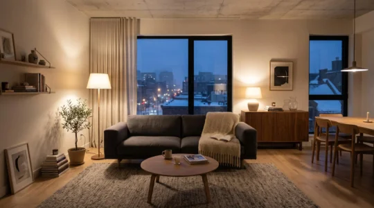 Salon scandinave épuré d'un condo montréalais en fin d'après-midi d'hiver, éclairé par plusieurs lampes chaudes créant des zones d'ombre et de lumière