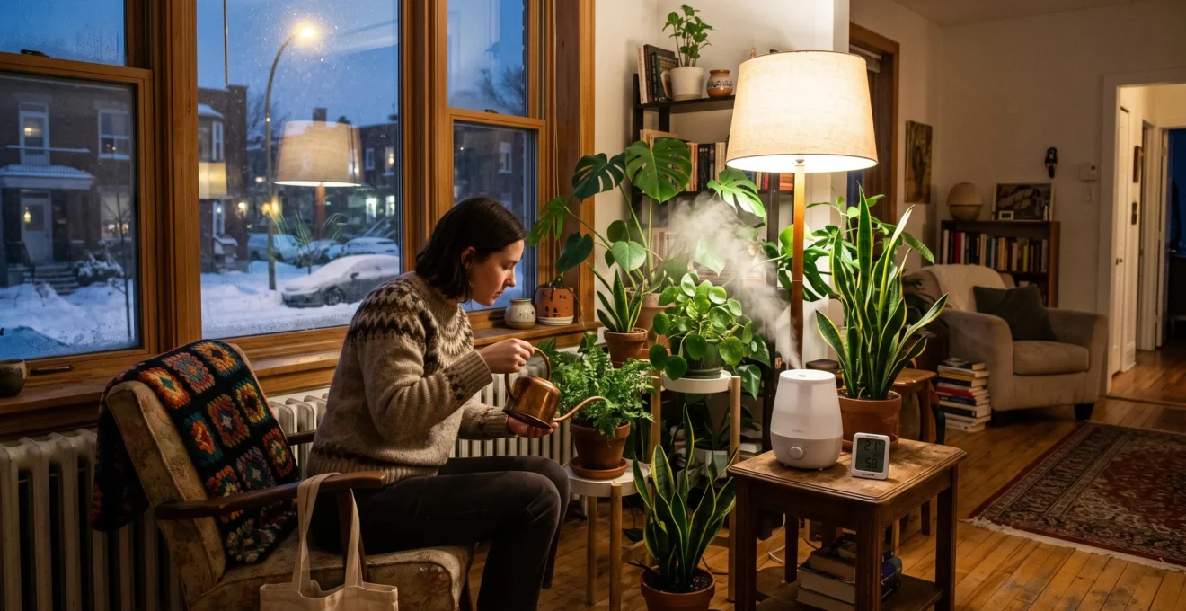 Coin de salon montréalais en hiver avec plantes regroupées, humidificateur en marche, lampe allumée et hygromètre sur une table, pendant qu'une personne arrose une plante près de la fenêtre enneigée.