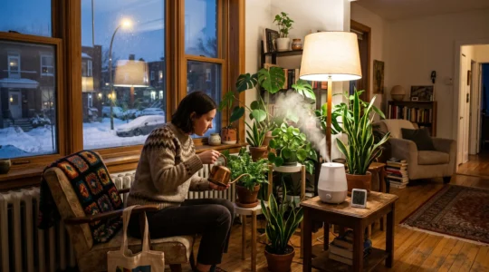 Coin de salon montréalais en hiver avec plantes regroupées, humidificateur en marche, lampe allumée et hygromètre sur une table, pendant qu'une personne arrose une plante près de la fenêtre enneigée.