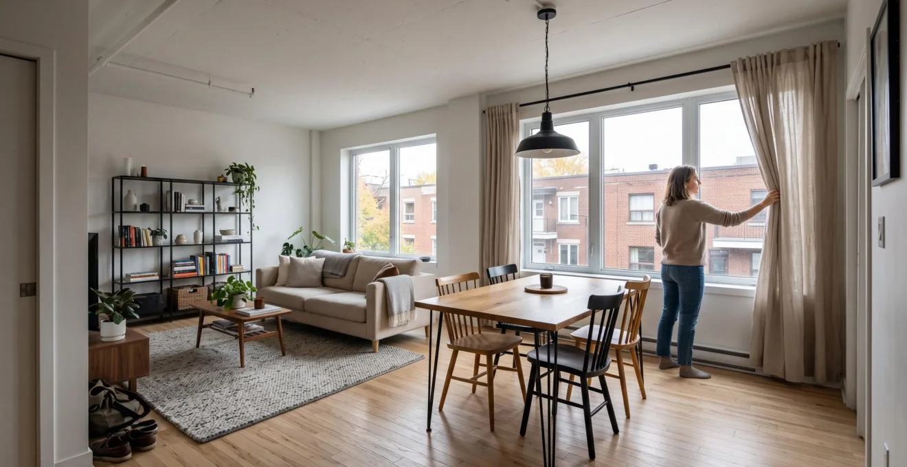 Salon et salle à manger lumineux d'un appartement montréalais avec mobilier en bois clair et métal noir, pendant qu'une personne ouvre un rideau.