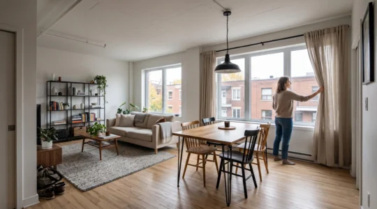 Salon et salle à manger lumineux d'un appartement montréalais avec mobilier en bois clair et métal noir, pendant qu'une personne ouvre un rideau.