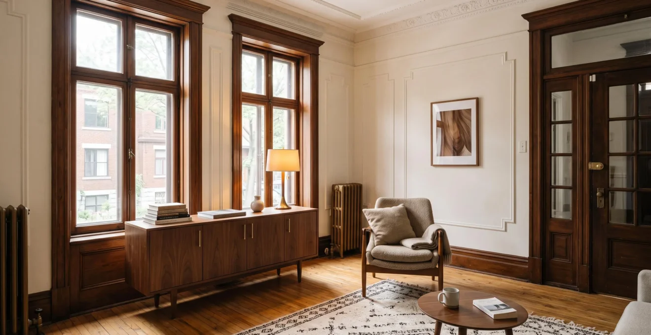 Salon d'un plex centenaire montréalais avec moulures et boiseries d'origine, meublé d'un enfilade en noyer et d'un fauteuil mid-century aux pieds compas