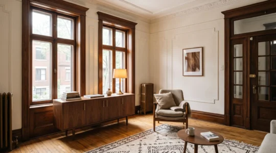 Salon d'un plex centenaire montréalais avec moulures et boiseries d'origine, meublé d'un enfilade en noyer et d'un fauteuil mid-century aux pieds compas