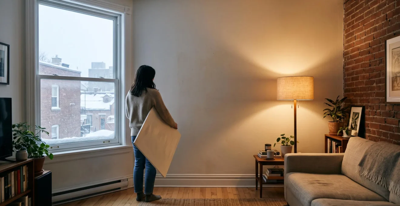 Un salon montréalais sous un ciel couvert d'hiver, où un mur blanc cassé paraît gris sous la lumière nord tandis qu'une lampe allumée révèle sa chaleur.