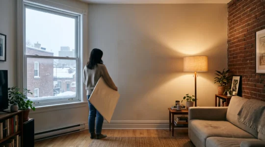 Un salon montréalais sous un ciel couvert d'hiver, où un mur blanc cassé paraît gris sous la lumière nord tandis qu'une lampe allumée révèle sa chaleur.