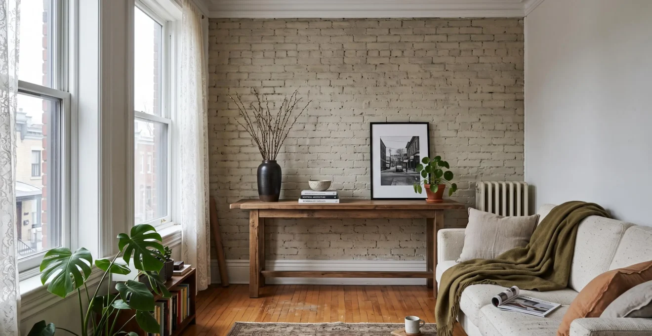 Console en bois stylée avec cinq objets seulement dans un salon compact d'appartement montréalais baigné de lumière naturelle.