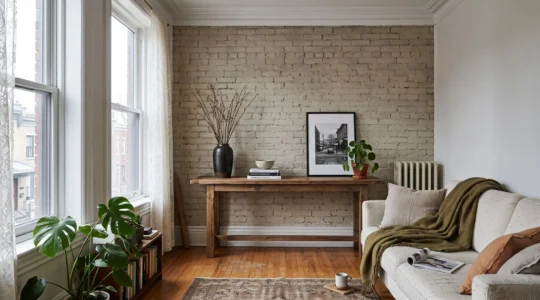 Console en bois stylée avec cinq objets seulement dans un salon compact d'appartement montréalais baigné de lumière naturelle.
