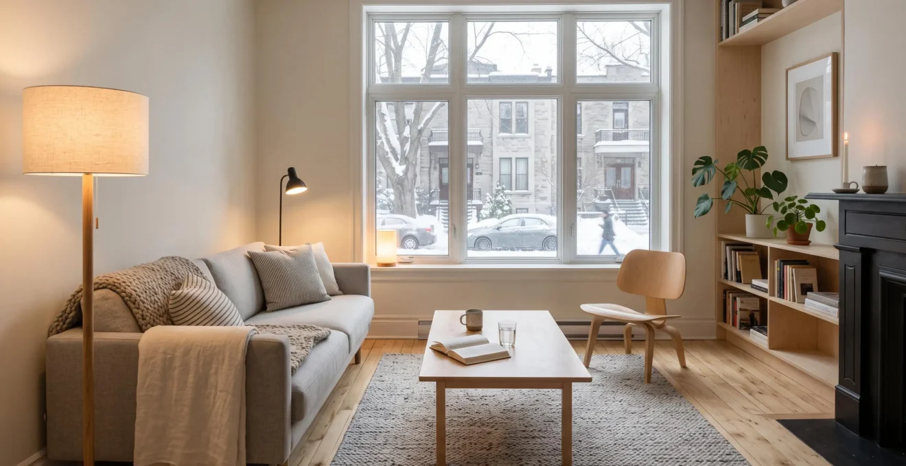 Salon scandinave lumineux avec murs clairs, bois pâle et trois sources de lumière chaude par un après-midi gris d'hiver à Montréal.