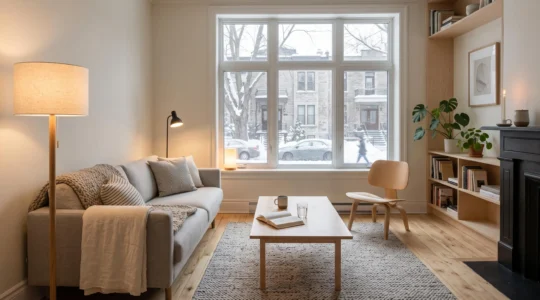 Salon scandinave lumineux avec murs clairs, bois pâle et trois sources de lumière chaude par un après-midi gris d'hiver à Montréal.