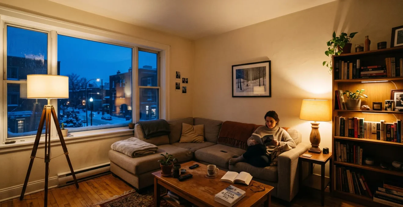 Salon d'un appartement montréalais en soirée d'hiver, éclairé par un lampadaire, une lampe de table et une petite lumière d'accent plutôt que par le plafonnier.