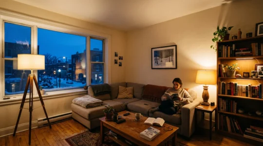 Salon d'un appartement montréalais en soirée d'hiver, éclairé par un lampadaire, une lampe de table et une petite lumière d'accent plutôt que par le plafonnier.