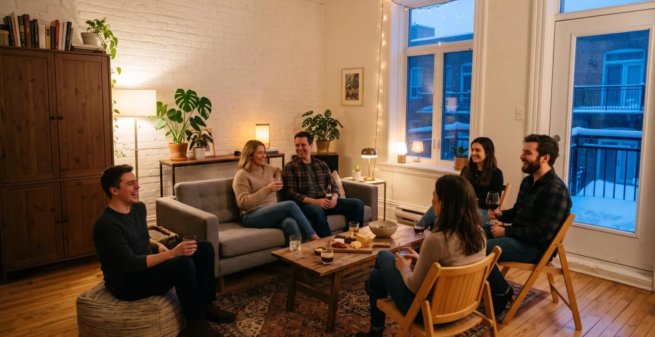Six personnes installées sur un sofa droit, des chaises d'appoint et un pouf dans un séjour montréalais éclairé de lampes en fin d'après-midi d'hiver.