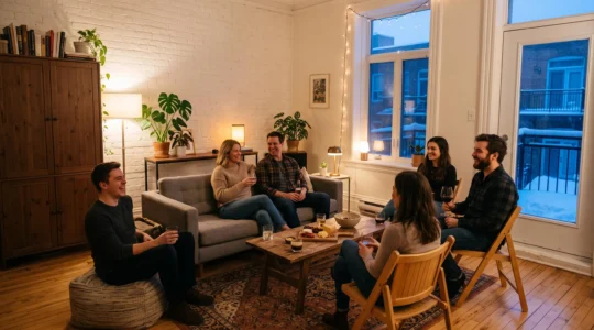 Six personnes installées sur un sofa droit, des chaises d'appoint et un pouf dans un séjour montréalais éclairé de lampes en fin d'après-midi d'hiver.