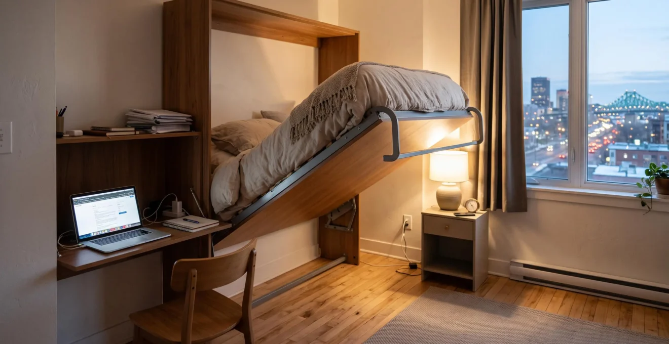 Suite pour invités multifonctionnelle dans un condo montréalais, avec un lit escamotable en cours d'abaissement au-dessus d'un bureau compact et un rangement de transition ouvert.