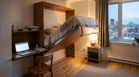 Suite pour invités multifonctionnelle dans un condo montréalais, avec un lit escamotable en cours d'abaissement au-dessus d'un bureau compact et un rangement de transition ouvert.