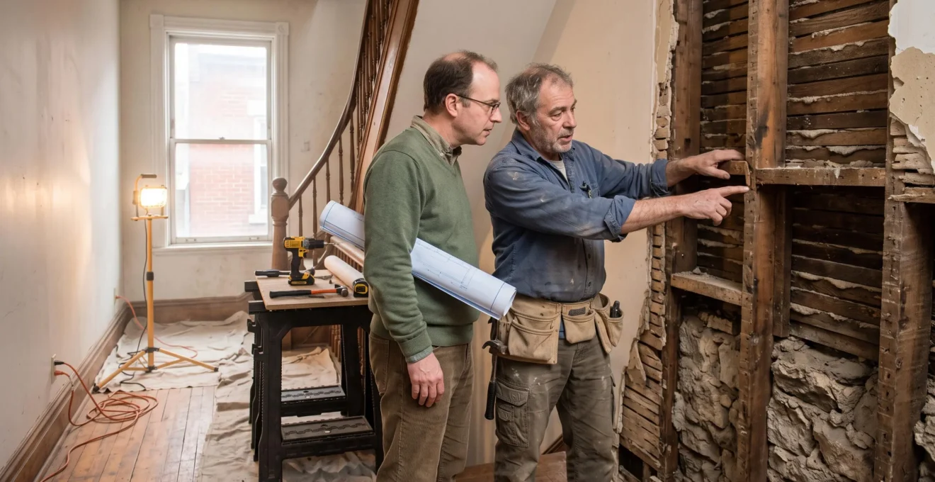 Un technicien en bâtiment montre la structure en bois mise à nu d'un mur à un propriétaire dans un plex montréalais en rénovation.