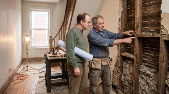 Un technicien en bâtiment montre la structure en bois mise à nu d'un mur à un propriétaire dans un plex montréalais en rénovation.