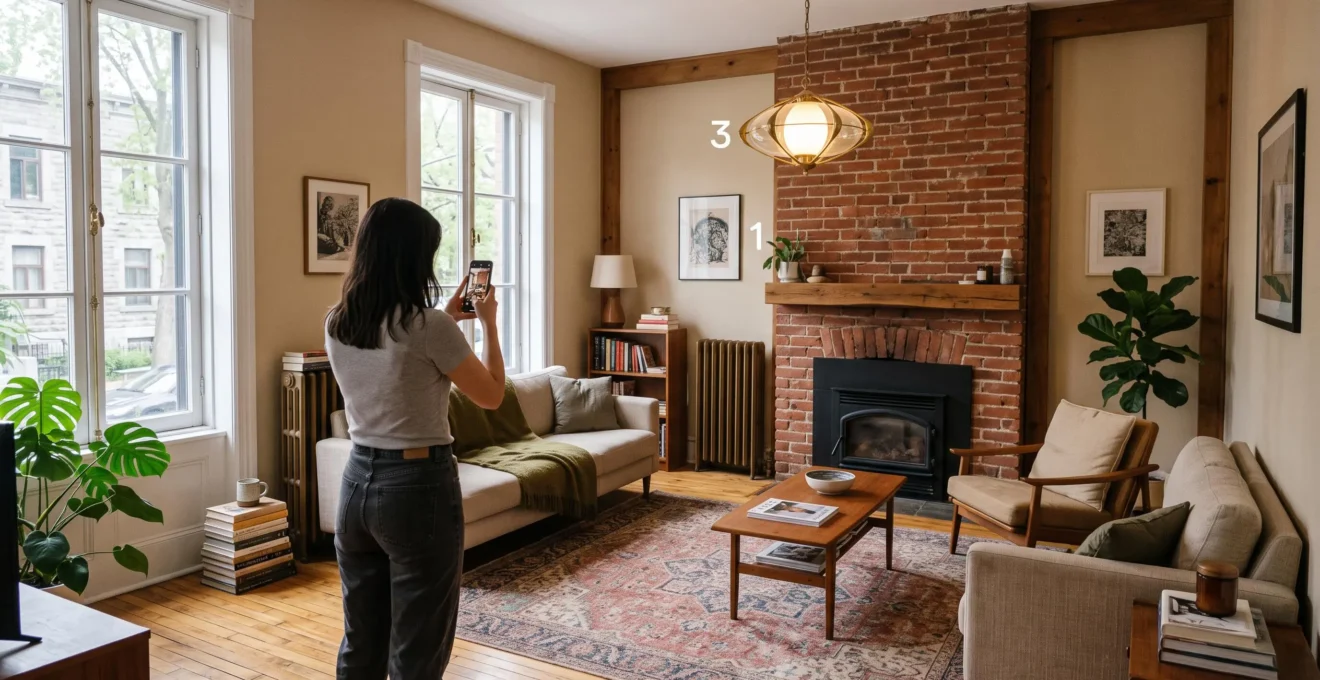 Une personne photographie au téléphone un salon d'appartement montréalais avec mur de briques pour vérifier la hiérarchie visuelle de la pièce.