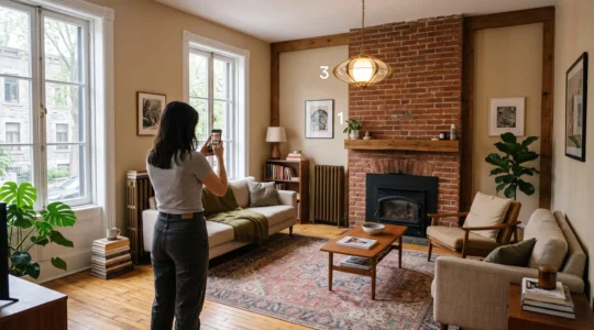 Une personne photographie au téléphone un salon d'appartement montréalais avec mur de briques pour vérifier la hiérarchie visuelle de la pièce.