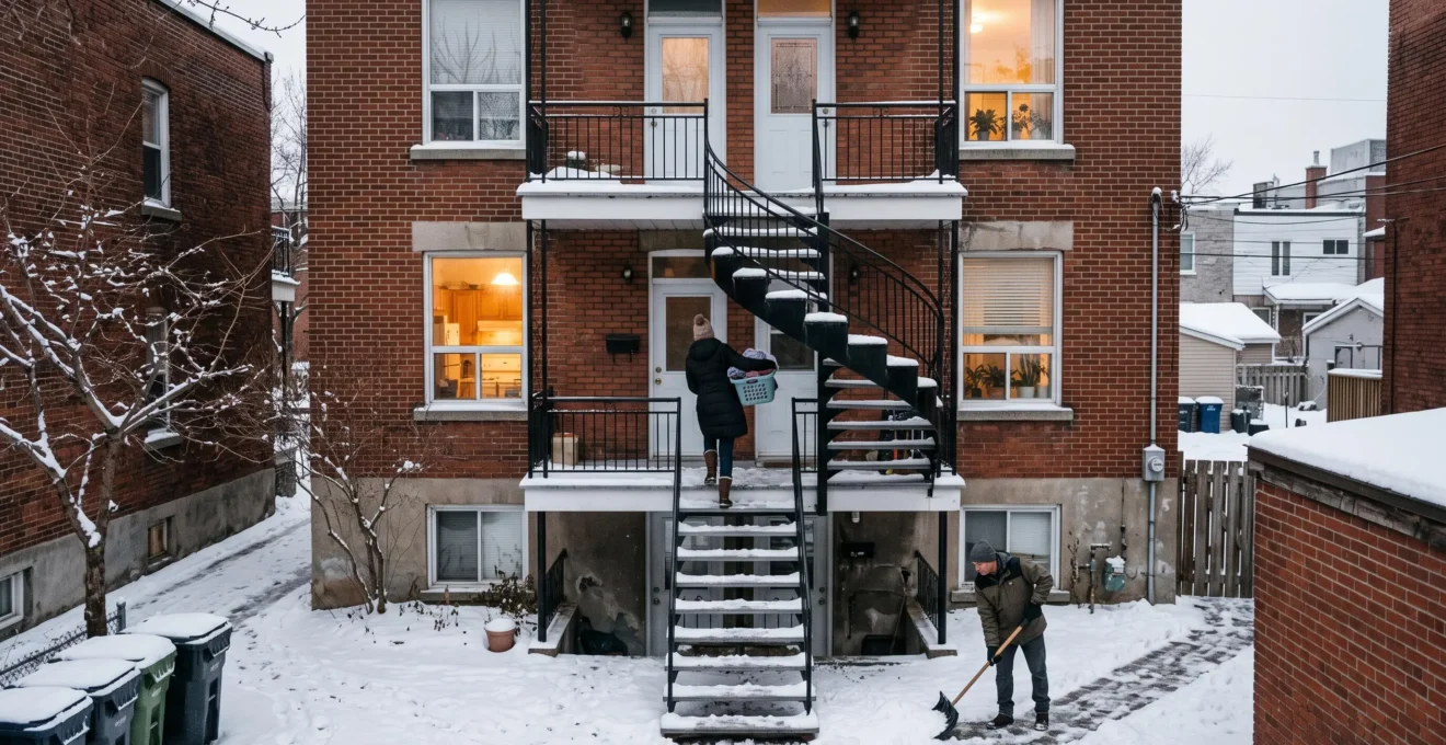 Escalier extérieur d'un triplex montréalais en hiver, avec des personnes montant les marches déneigées entre les étages