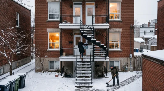 Escalier extérieur d'un triplex montréalais en hiver, avec des personnes montant les marches déneigées entre les étages