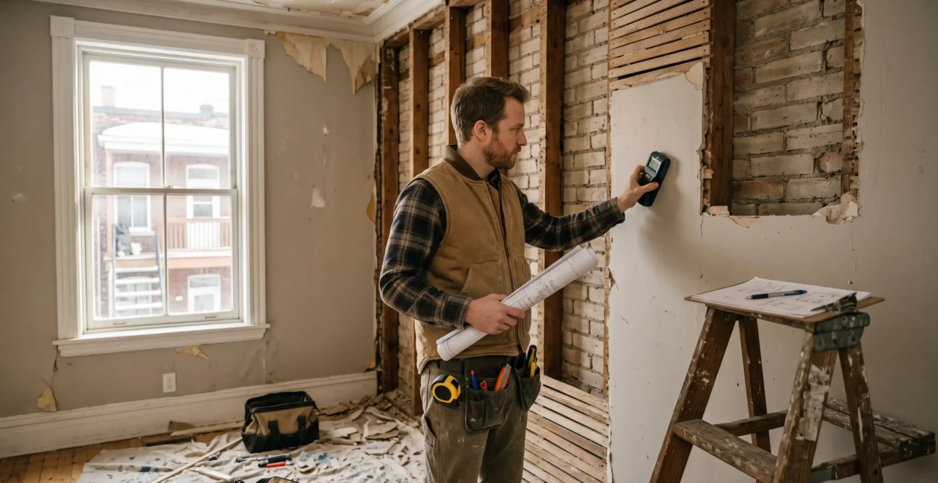 Un professionnel vérifie un mur partiellement ouvert avec un détecteur tout en consultant des plans dans un appartement en rénovation.