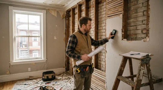 Un professionnel vérifie un mur partiellement ouvert avec un détecteur tout en consultant des plans dans un appartement en rénovation.