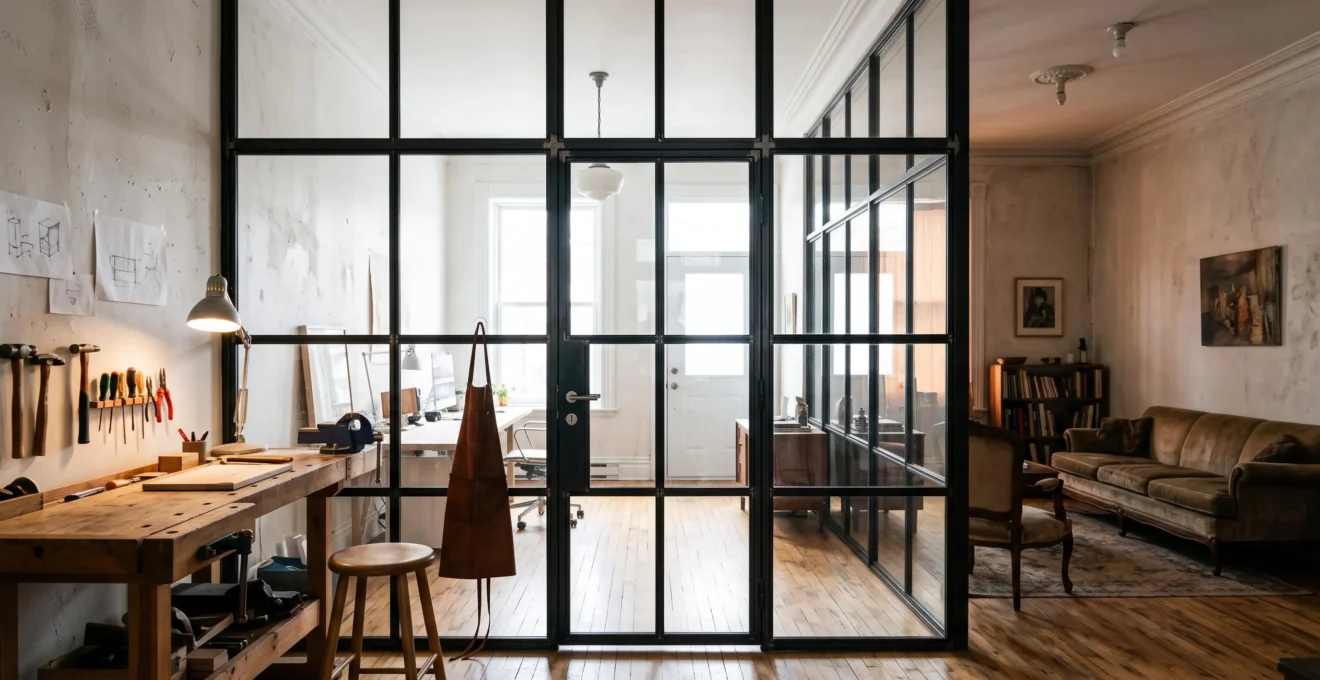 Une verrière d'atelier en acier noir sépare un bureau lumineux du salon dans un duplex montréalais rénové à plafonds hauts.
