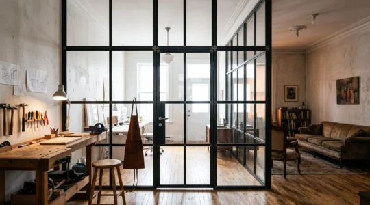 Une verrière d'atelier en acier noir sépare un bureau lumineux du salon dans un duplex montréalais rénové à plafonds hauts.